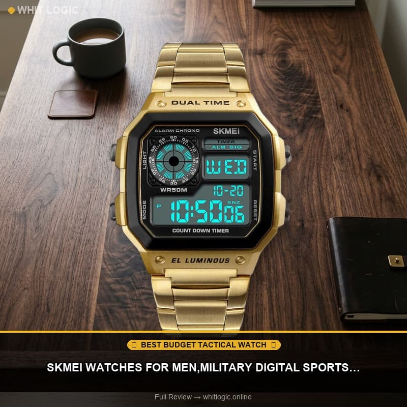 SKMEI Watches for Men,Military Digital Sports Square Gold Watch with Waterproof Dual Time Chronograph Countdown Alarm Backlight