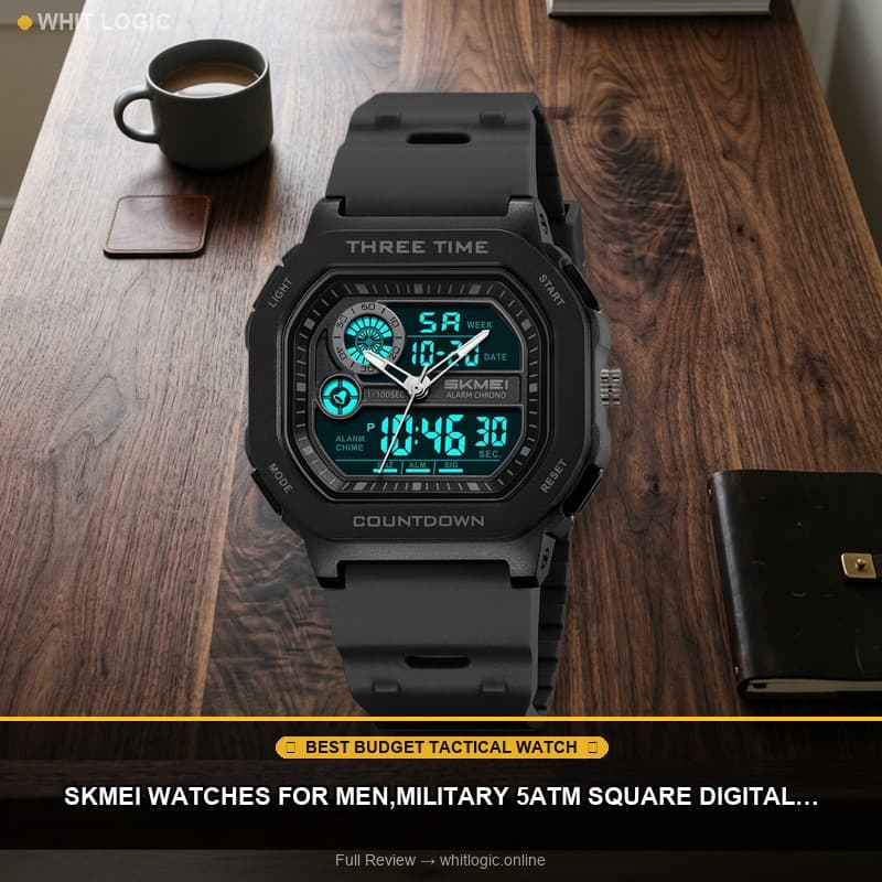 SKMEI Watches for Men,Military 5ATM Square Digital Analog Watches with 50M EL Light Chronograph Alarm 3Time Countdown TPU Strap