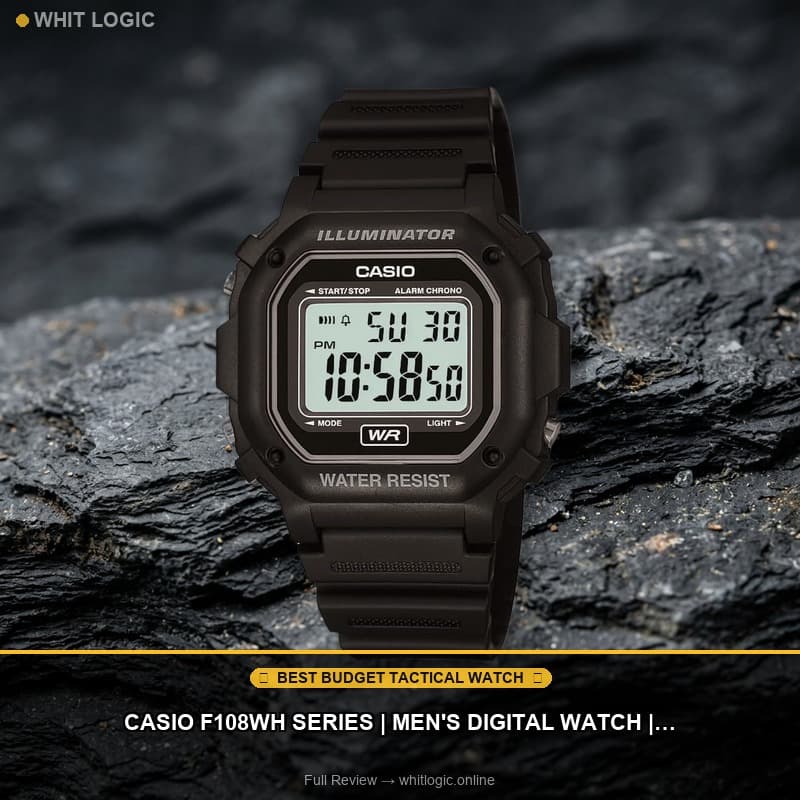Casio F108WH Series | Men's Digital Watch | Illuminator | Water Resistant | LED Light | Daily Alarm | 1/100 SEC Stopwatch | 3 Hands (HR, Min, SEC) | Date/Day Display | Daily Alarm | 7 Year Battery