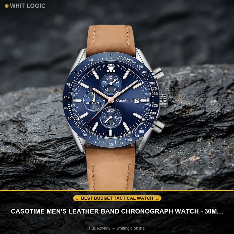 Casotime Men's Leather Band Chronograph Watch - 30M Waterproof Big Face Analog Quartz Date - Work Sport Casual Classical Fashion Designer Dress Wrist Watch - Elegant Gift for Men