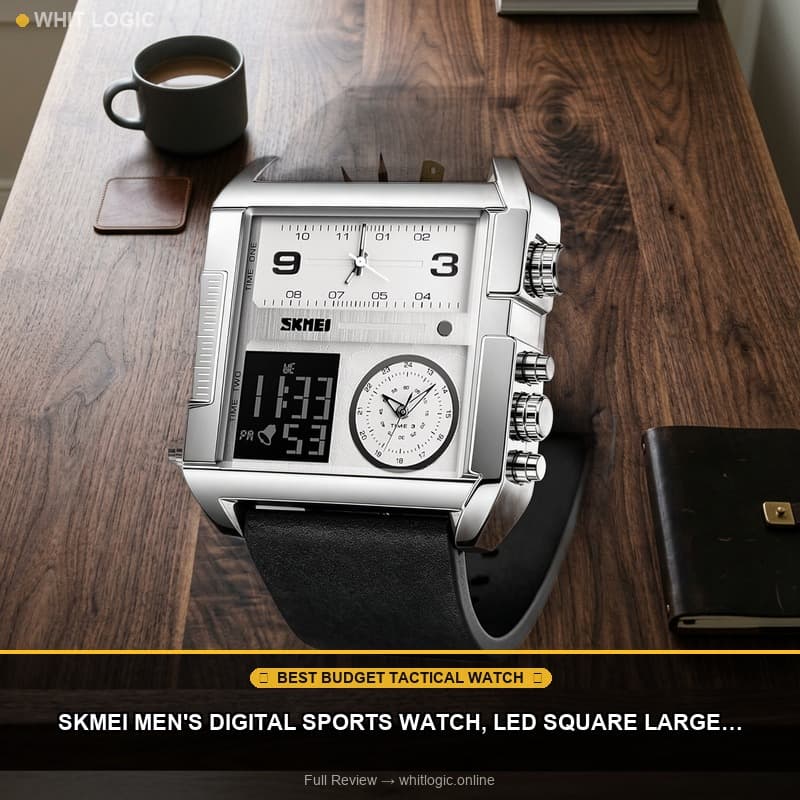 SKMEI Men's Digital Sports Watch, LED Square Large Face Analog Quartz Wrist Watch with Multi-Time Zone Waterproof Stopwatch