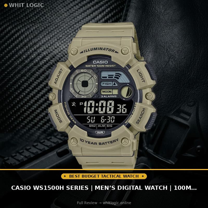 Casio WS1500H Series | Menβs Digital Watch | 100M WR | Dual Time | Countdown Timer | LED Light | Moon Phase | Fishing Mode | Auto Calendar | Multi Alarms | 1/100 SEC Stopwatch