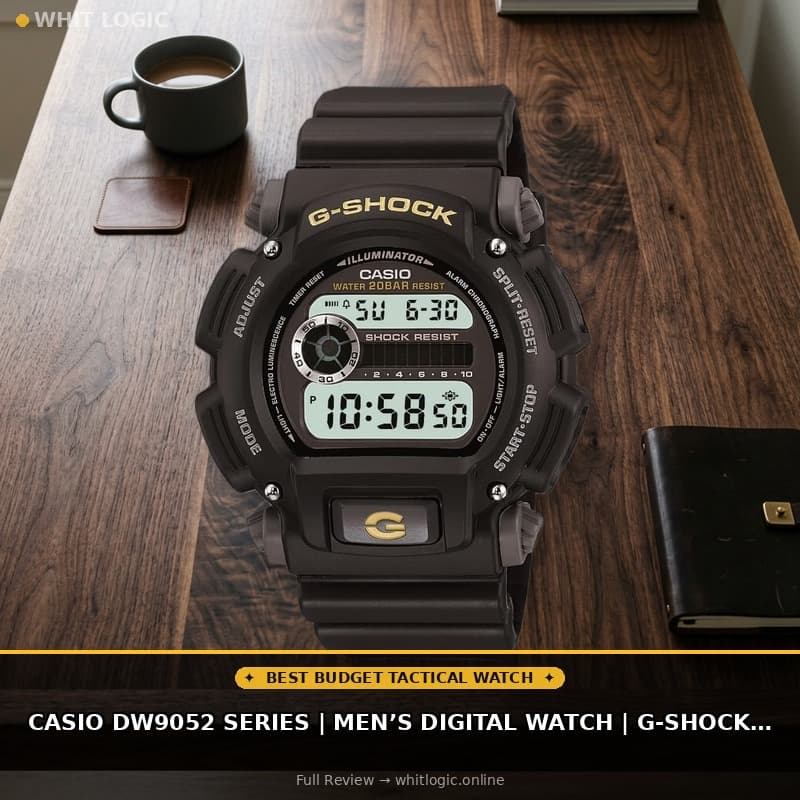 Casio DW9052 Series | Menβs Digital Watch | G-SHOCK | Black/Black | 1/100 SEC Stop Watch | Countdown Timer | LED Light | 200M WR | Shock Resistant | Multi Alarm | Auto Calendar | Dual Time | 2 Yr Batt