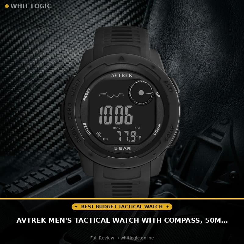 AVTREK Men's Tactical Watch with Compass, 50M Waterproof Digital Pedometer, Altimeter for Outdoor Hiking/Climbing (Black)