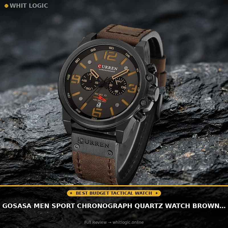 Gosasa Men Sport Chronograph Quartz Watch Brown Leather Strap Date 30M Waterproof Military Male Wrist Watch