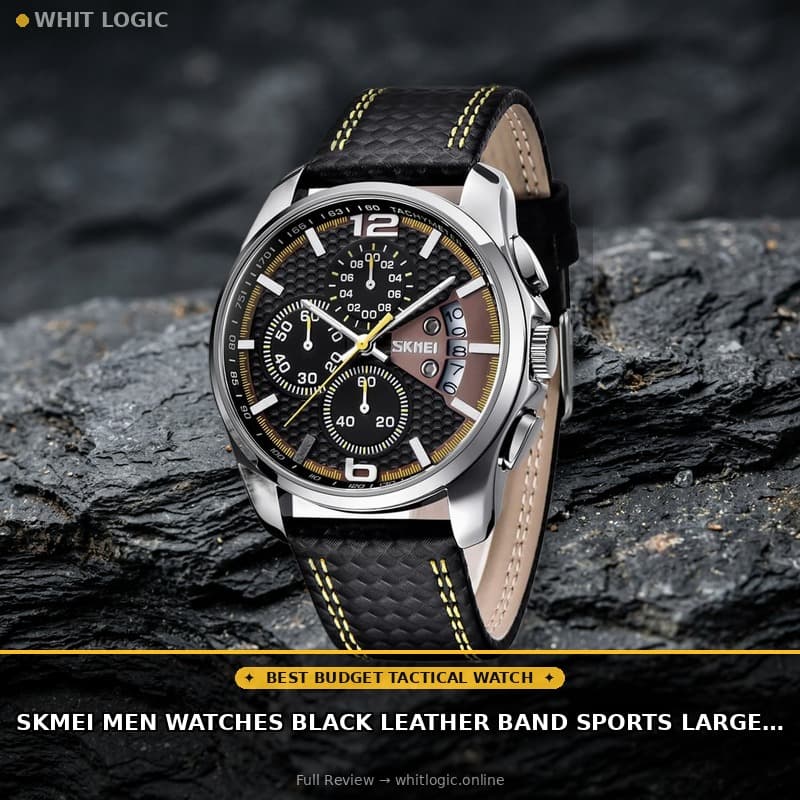 SKMEI Men Watches Black Leather Band Sports Large Big Face Luxury Waterproof Luminous Fashion Dress Casual Analog Quartz Chronograph Father Gifts Wrist Watch