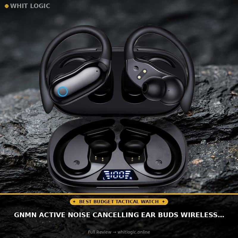 GNMN Active Noise Cancelling Ear Buds Wireless Earbuds 96hrs Playback Bluetooth Headphones Dual Battery Display Stereo Bass Earphones with Earhooks Microphone IPX7 Waterproof for Sports/Runing/Workout